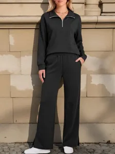 Women casual half zip sweatshirt and wide leg pants two piece set detail view, black color