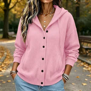 Women pink knit hooded cardigan sweater button down long sleeve casual outerwear casual top