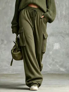 Olive green cargo sweatpants detail, loose fit casual retro trousers with drawstring waist.