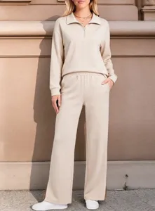 Details of women autumn winter half zip pullover top and wide leg pants lounge set.