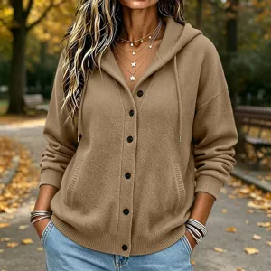 Women knitted hooded cardigan detail, casual autumn outerwear with buttons and pockets.