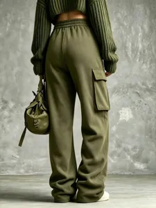 Olive green cargo sweatpants featuring a relaxed straight leg, high waist, and side pockets.