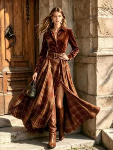 Retro brown velvet long sleeve top paired with plaid maxi skirt, stylish belt and boots detail.