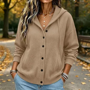 Women Knit Hooded Cardigan Sweater Autumn Solid Color Button Up Long Sleeve Casual Outerwear
