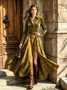 Green velvet plaid long sleeve dress with brown belt, stylish vintage outfit detail.