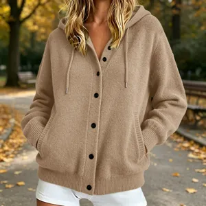 Women solid color knitted hooded cardigan sweater with front buttons and pockets for autumn.