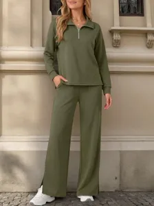Casual half-zip long sleeve top and wide-leg pants two-piece set in army green color detail view.