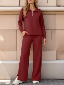 Detailed view of the maroon half-zip top and wide-leg pants set, casual autumn style.