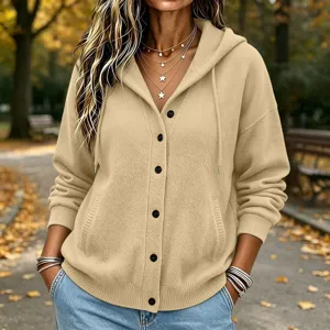 Women Autumn Knit Hoodie Cardigan Casual Button Up Sweater Outerwear Long Sleeve Pocket