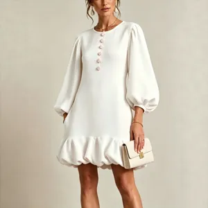 Women's Round Neck Lantern Sleeve Dress Sweet Flower Decorative Buttons Ruffled Hem Loose Fit Knitted Solid Color Midi Dress