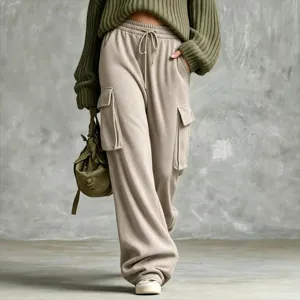Casual loose vintage drawstring straight wide leg cargo sweatpants for women autumn winter daily wear.