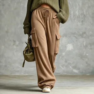 Casual loose khaki cargo sweatpants for women, vintage wide-leg drawstring trousers.