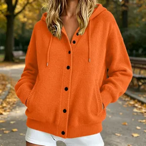 Orange knit hooded cardigan sweater for women, autumn solid color button up outerwear.