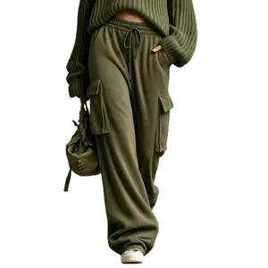 Olive green cargo sweatpants wide leg casual retro drawstring trousers for women autumn winter