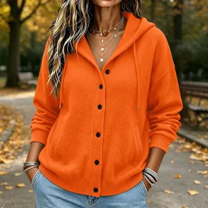 Orange knitted hooded cardigan detail, button down closure and front pockets for autumn.