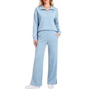 Women casual quarter-zip long sleeve top and wide leg pants lounge set light blue fashion