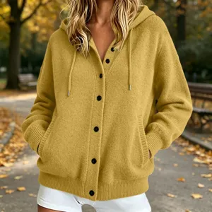 Women fall solid color knit hooded cardigan sweater with buttons and pockets for daily wear.