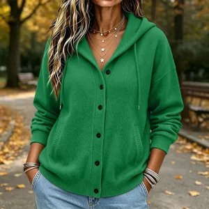Casual green knit hooded cardigan for women featuring front button closure and relaxed autumn fit.
