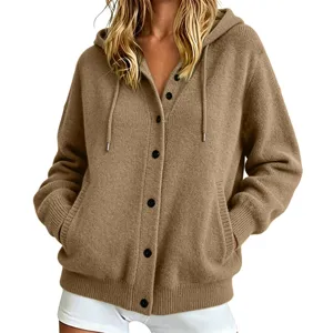 Women button knitted hooded cardigan sweater autumn solid loose outerwear main front view