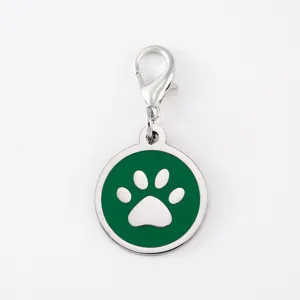 Stainless steel dog paw pendant charm with green enamel and secure lobster clasp detail.