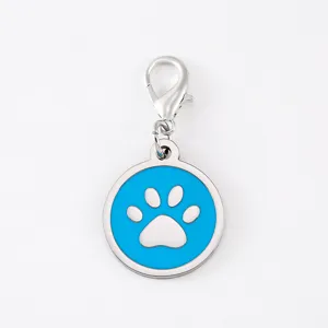 Stainless steel dog paw pendant charm with lobster clasp, blue enamel detail for pet ID tag.