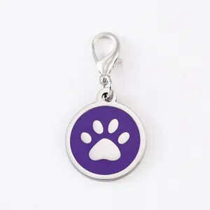 Stainless steel dog paw pendant charm with lobster clasp, purple enamel detail for pets.