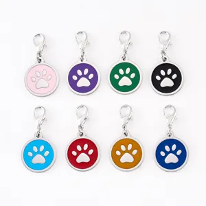 Stainless Steel Dog Paw Pet ID Tag Round Drip Oil Pendant Alloy Lobster Clasp Keychain For Dogs Cats DIY Jewelry Making Accessory