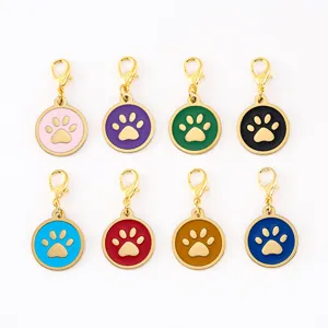 Colorful metal paw print charms with lobster clasps, 8 pieces set for DIY jewelry making.