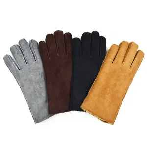 Women winter warm faux fur leather gloves detailed view, showing grey, brown, black and tan colors.