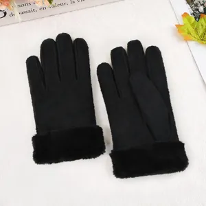 Women winter black gloves faux suede plush cuff warm full finger gloves close up view