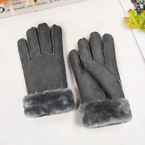 Dark grey winter warm suede full-finger gloves with plush faux fur cuffs for women cozy daily wear.