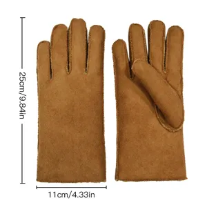 Winter warm faux suede full-finger gloves for women, fleece-lined cozy thermal mittens brown.