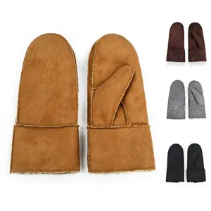 Detailed view of women winter warm faux fur suede mittens with multi-color options available.