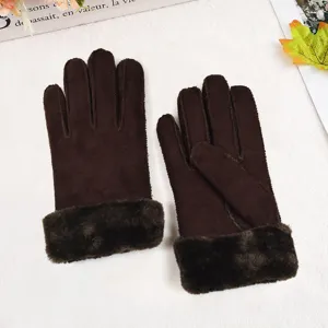 Women winter warm faux suede gloves, brown full finger thermal gloves with plush fur cuffs