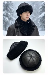 Vue detaillee du bonnet de crane en veritable cuir de mouton d'hiver chaud double en peluche.