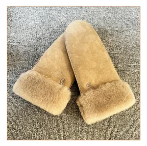 Winter warm shearling sheepskin gloves, thick plush lined windproof merino leather snow mittens.