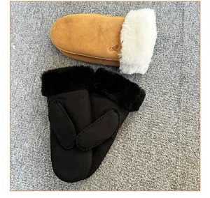Winter warm sheepskin mittens detail shot, thick plush lining, cold-weather design.