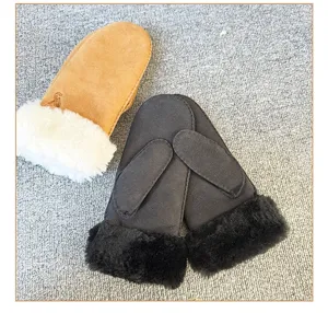 Winter warm sheepskin mittens with cozy plush cuff thick windproof thermal snow gloves for women.