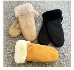 Winter warm sheepskin gloves with cozy fur cuff, windproof merino leather mittens for snow.