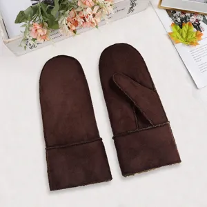 Women's winter warm shearling mittens brown faux suede full finger gloves cozy wear