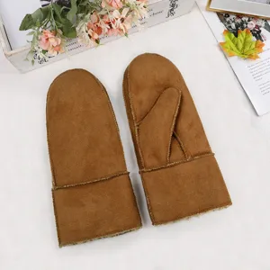 Winter warm faux suede plush mittens for women, cozy fleece lined outdoor snow gloves brown.