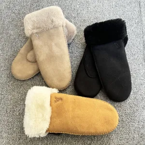 Winter warm sheepskin gloves with thick plush lining, windproof snow mittens for women.