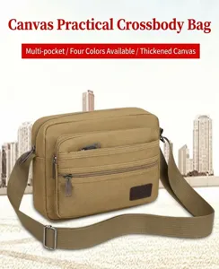 Canvas crossbody bag detail showing multi-pocket design, durable fabric, and adjustable strap.