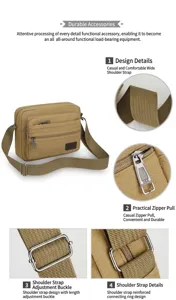 Men's casual canvas shoulder bag detail showing sturdy strap, zipper and adjustable buckle.