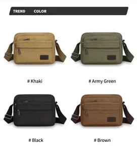 Detailed view of multi-pocket canvas shoulder bag, showing color variants and practical design.