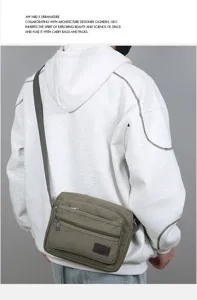 Men's canvas messenger bag detail showing multi-layer zippered pockets and durable strap.