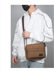 Men multi-layer canvas shoulder bag casual business commute crossbody bag stylish
