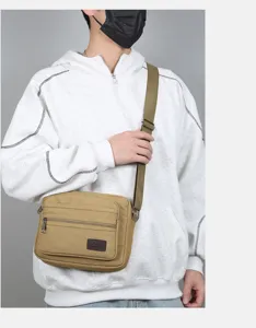 Men casual canvas crossbody bag multi-layer shoulder bag commuter bag khaki travel daily