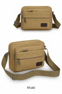 Men's Multi-Layer Canvas Crossbody Bag Casual Business Shoulder Bag in Khaki Color