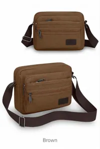 Men multi-layer canvas shoulder bag casual business commuter crossbody bag detail view